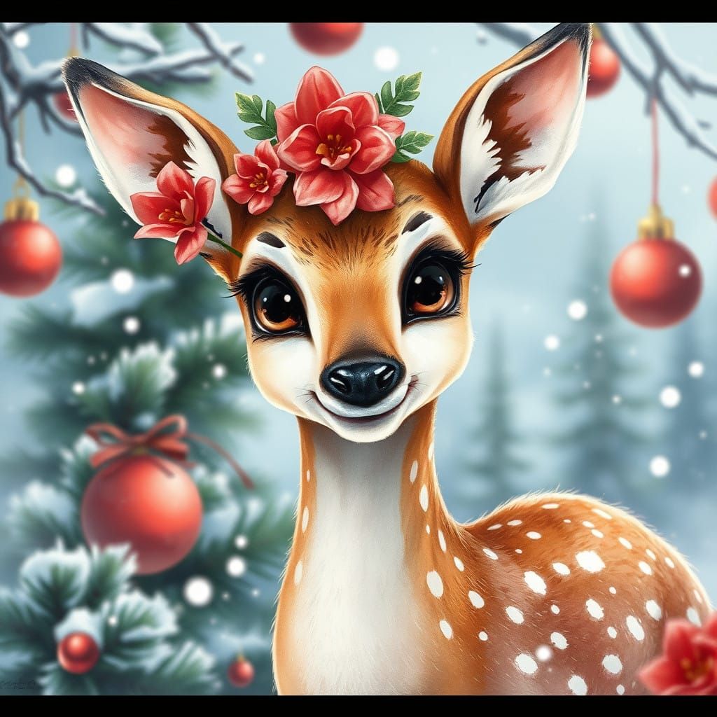Whimsical Doe in Enchanted Winter Wonderland