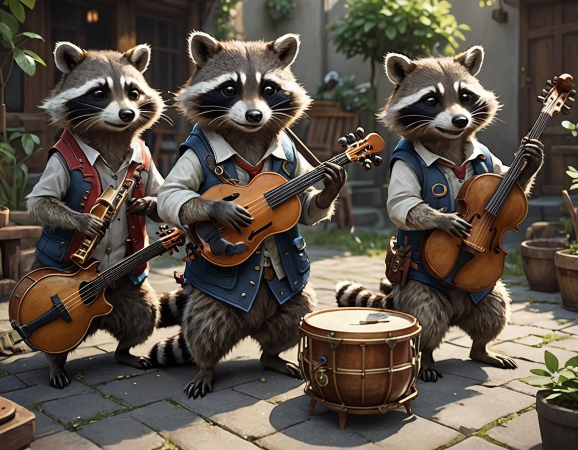 Cheerful Raccoons Play Music: 3D Anime Art