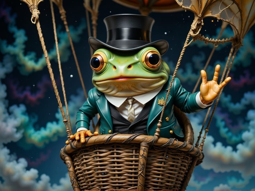 Victorian Frog in Hot Air Balloon Under Moonlight