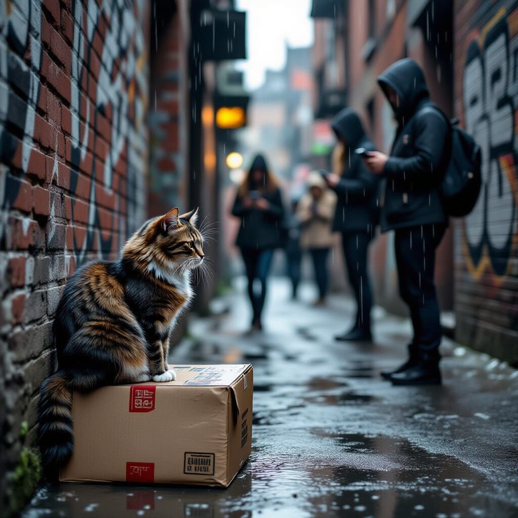 Street Cat in Rainy Alley: Film Noir Ambiance