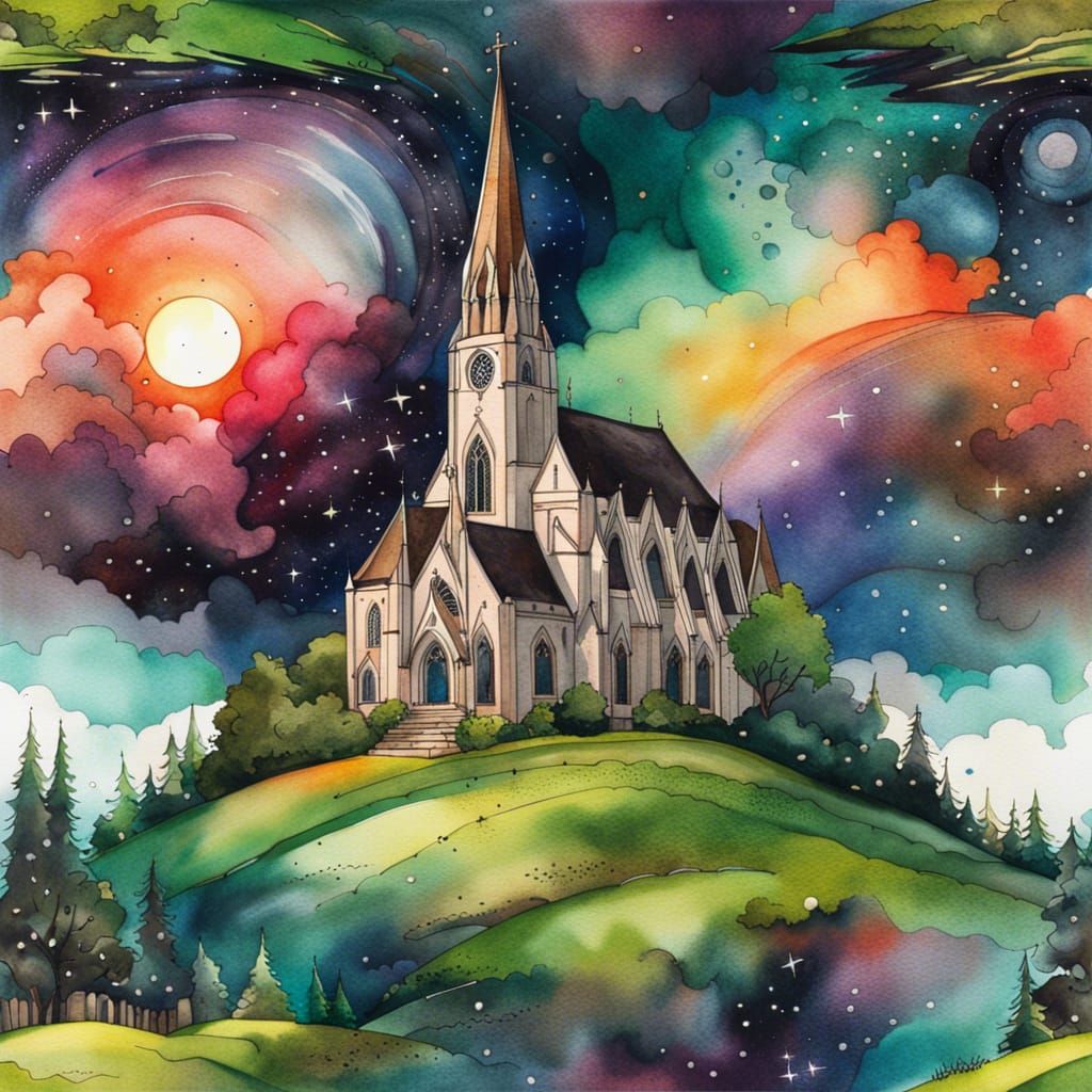Whimsical Gothic Church Under a Cosmic Moon, Watercolor
