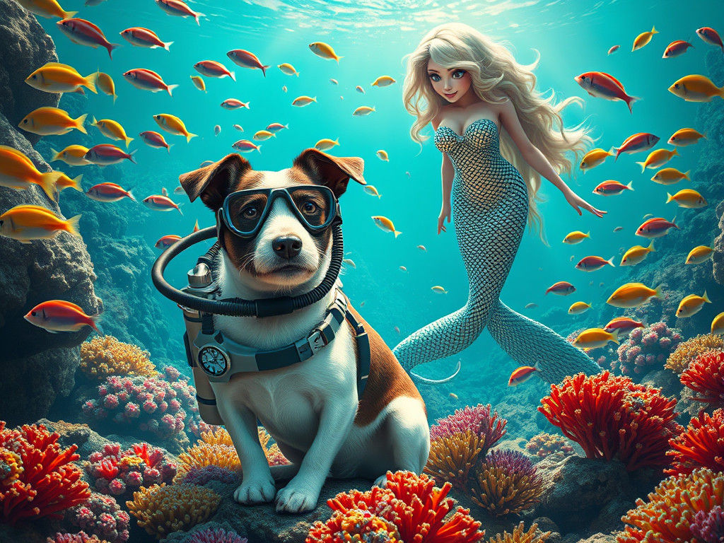 Scuba Diving Jack Russell Terrier and Mermaid