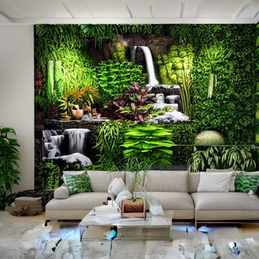 Luxurious Loft Interior with Waterfall and Pets