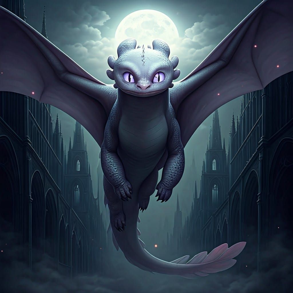 Ethereal Dragon Soars Through Misty Moonlit Skies