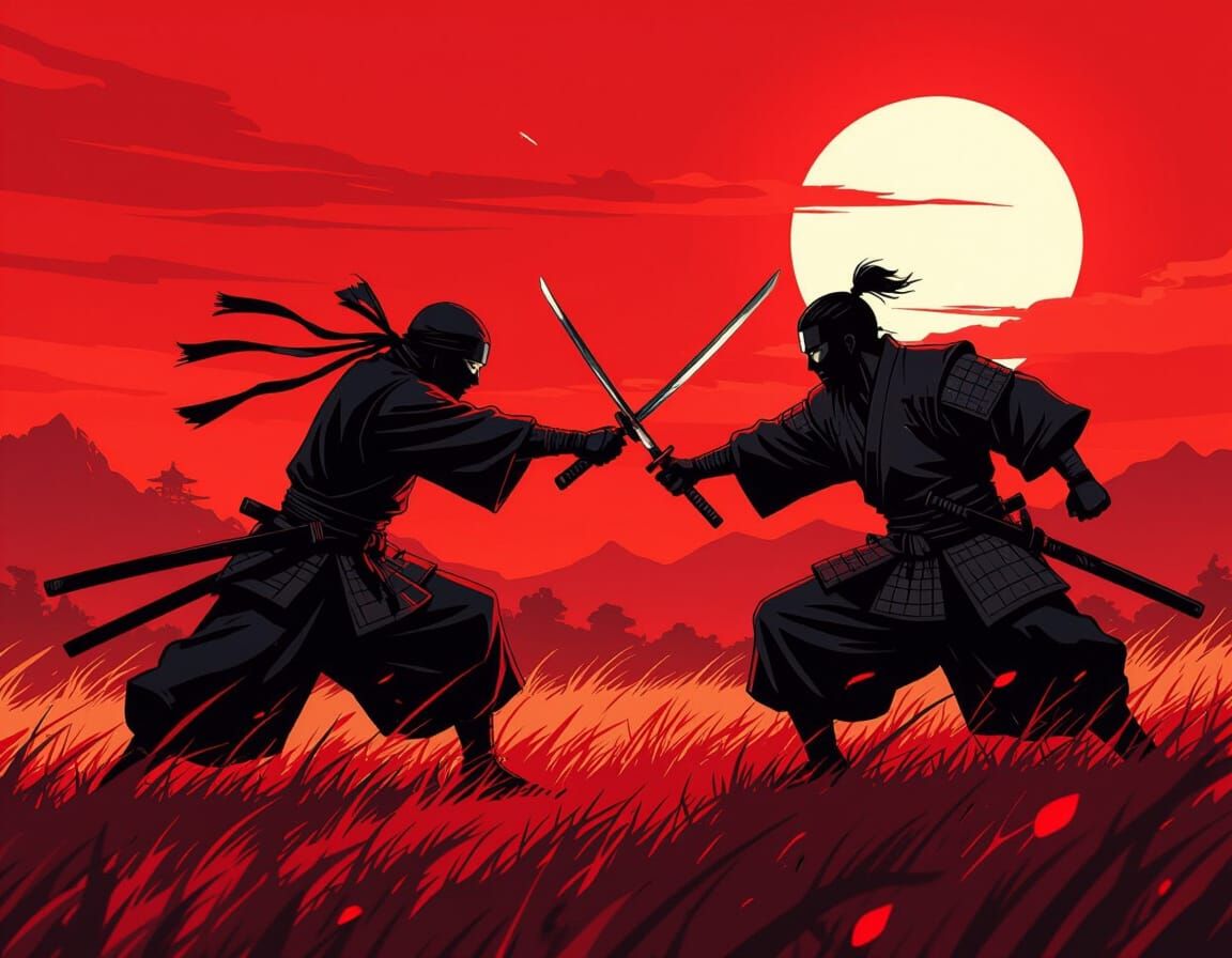 Ninja and Samurai Duel in Crimson Field