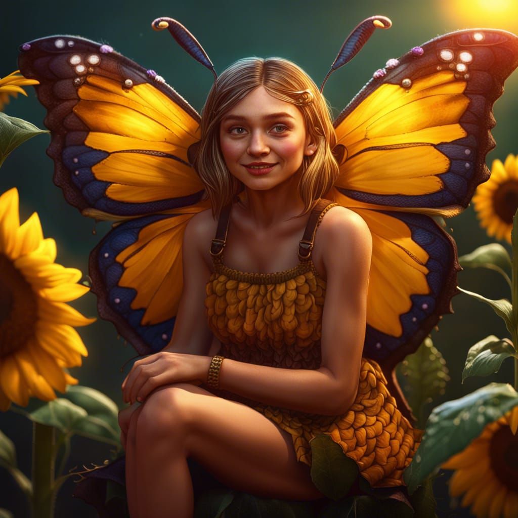 Butterfly Girl on Sunflower: Detailed Fantasy Art