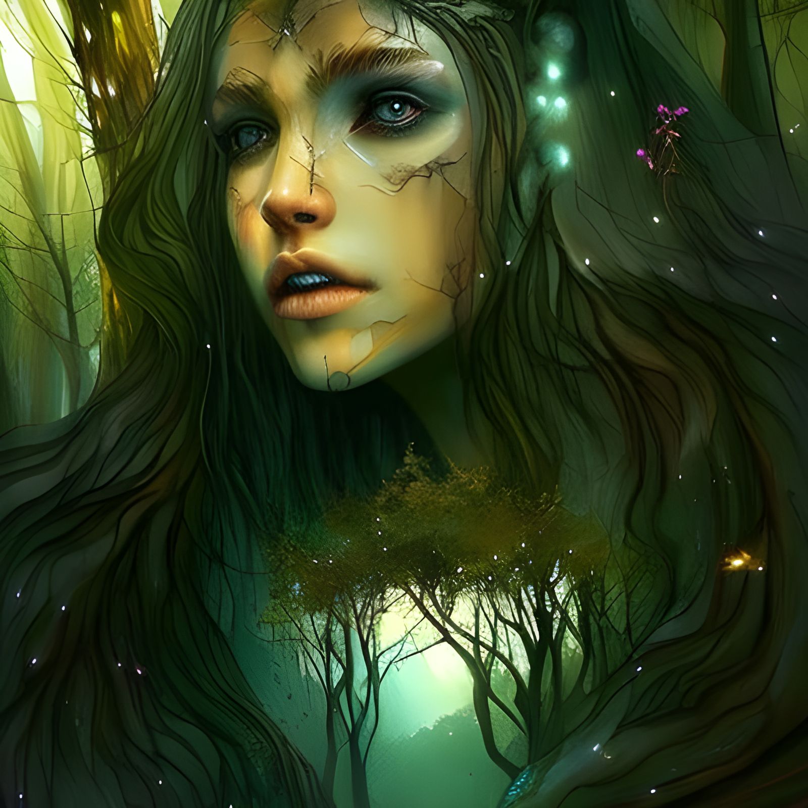 Enchanted Forest Face Carving with Fireflies