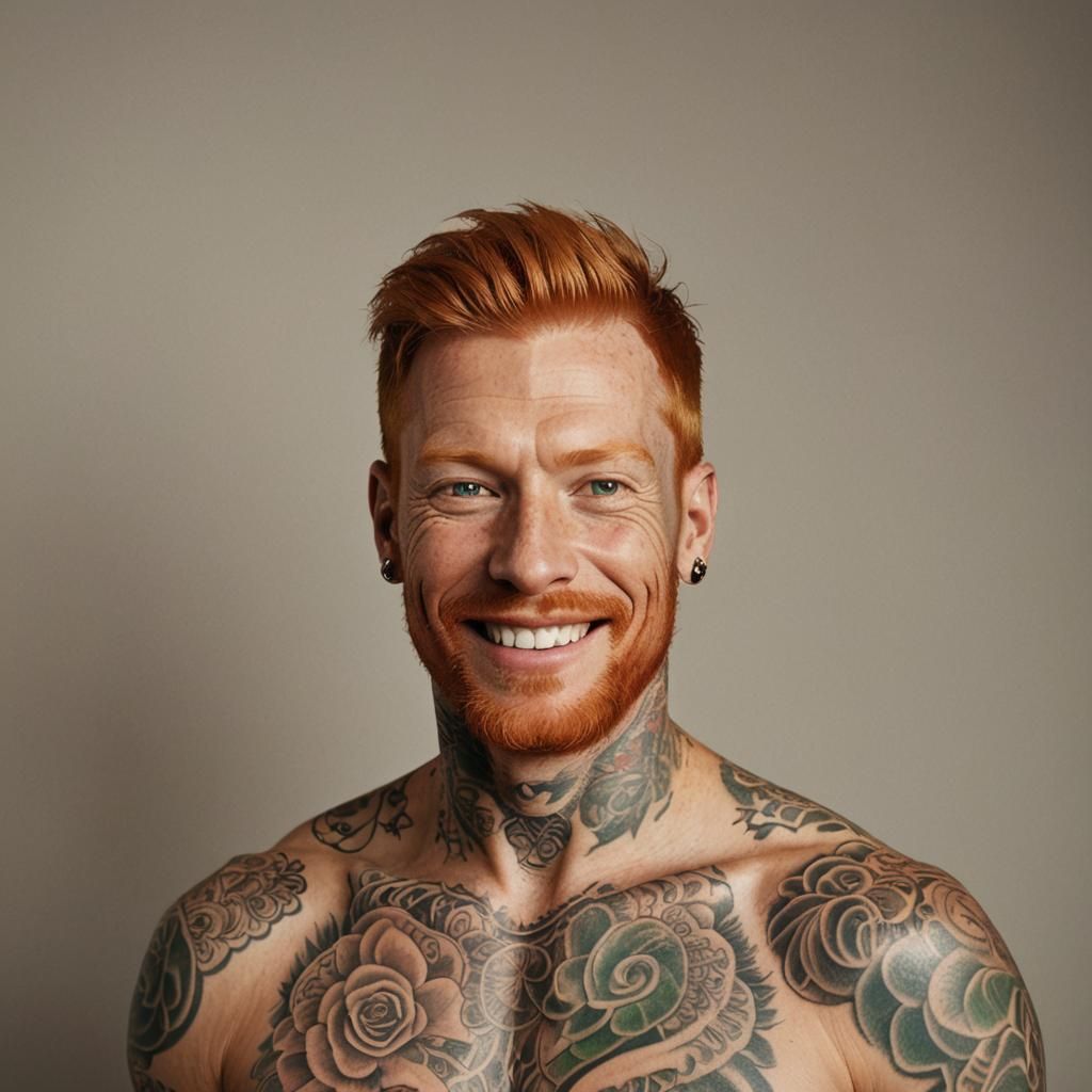 Detailed Portrait of Smiling Ginger Man with Tattoos