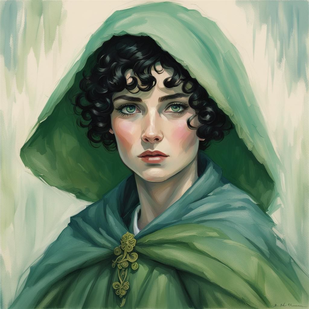 Irish Woman with Green Cloak and Blue Eyes