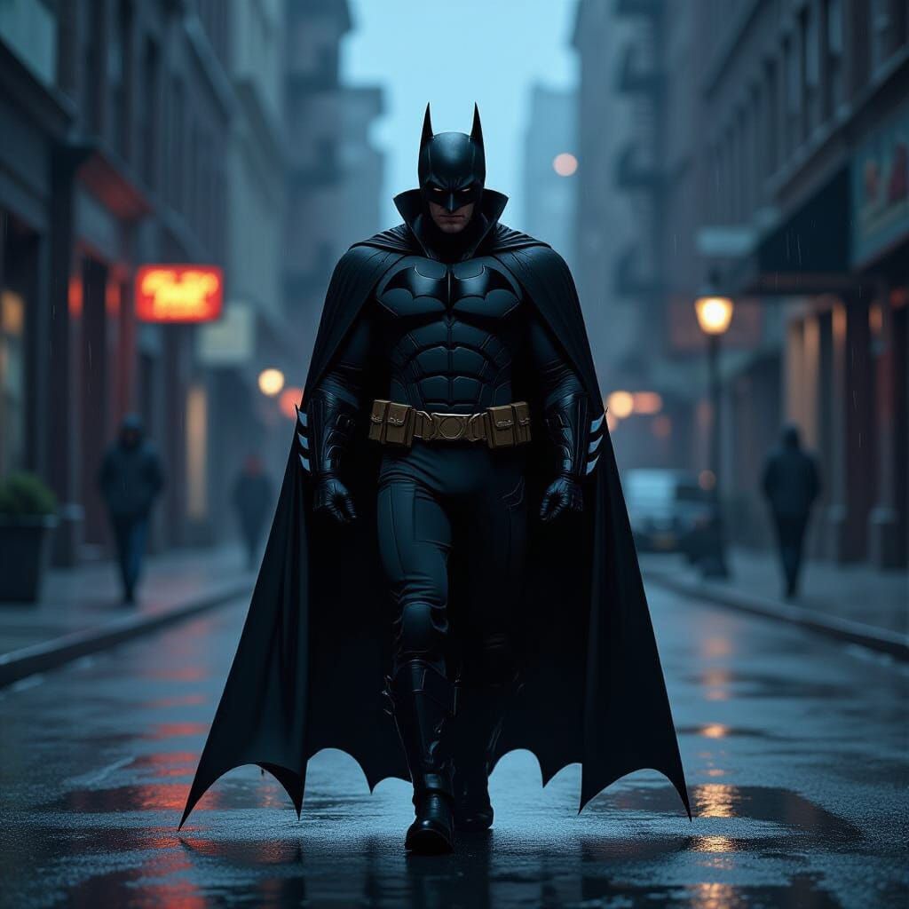 Batman in Rainy Gotham: A Film Noir Scene