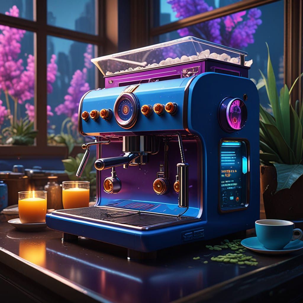 Early 1990s Cyberpunk Espresso Machine in Dreamlike Environm...