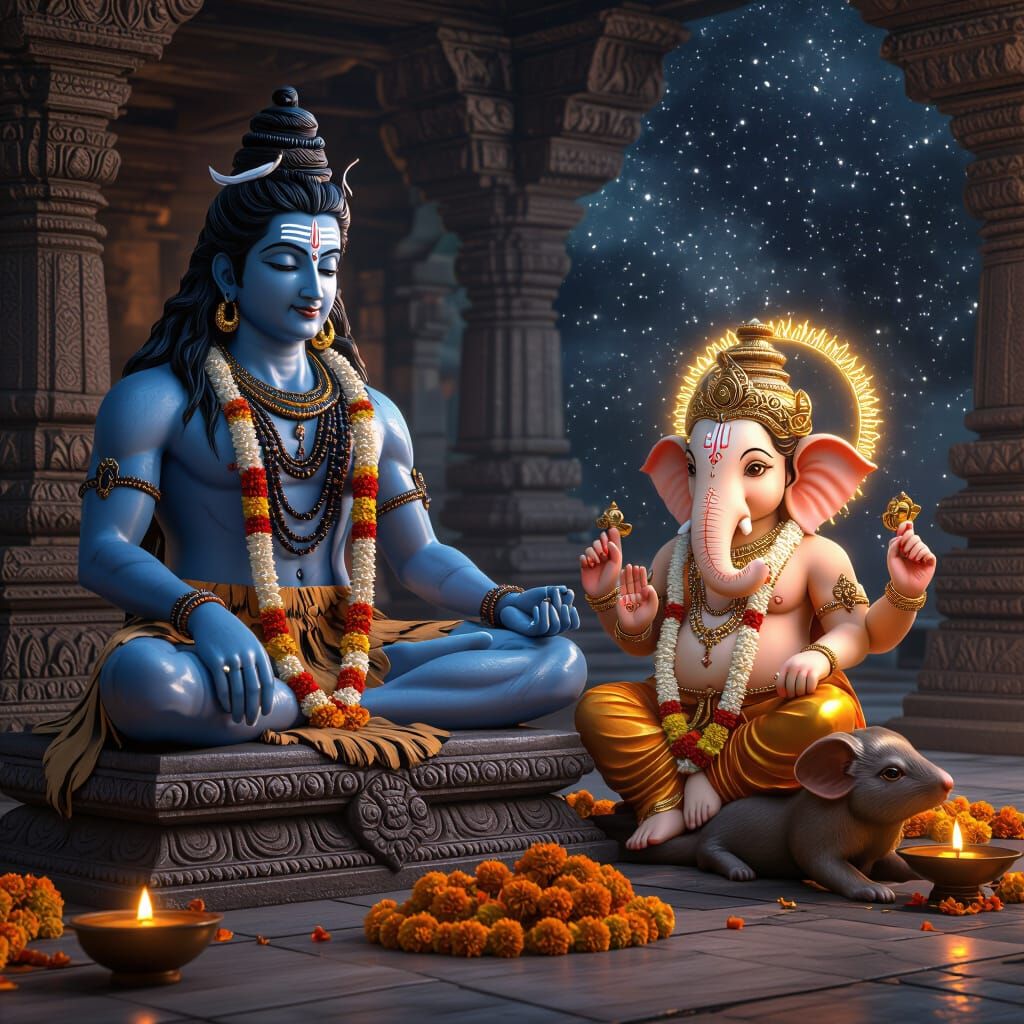 Lord Shiva and Ganesha in Photoreal 3D Composition