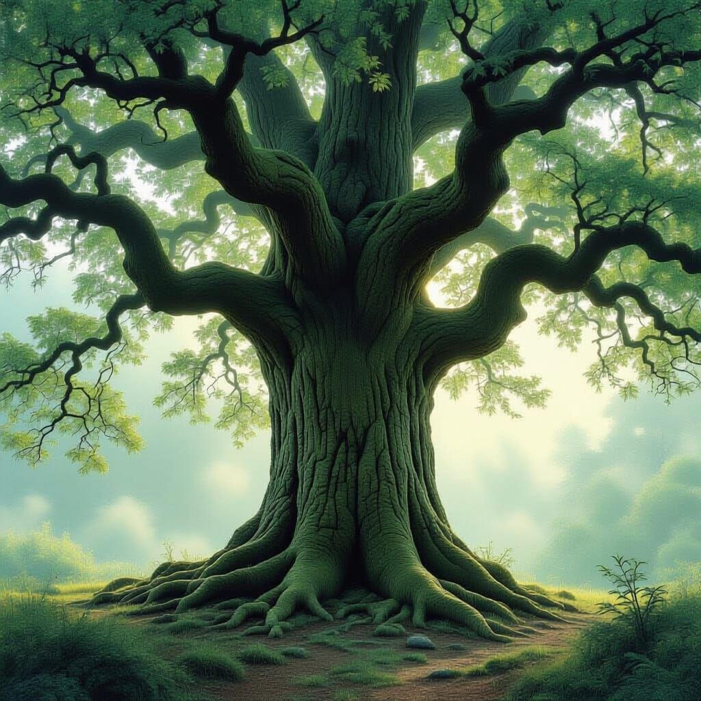 Majestic Yew Tree in Misty Clearing, Ethereal Style