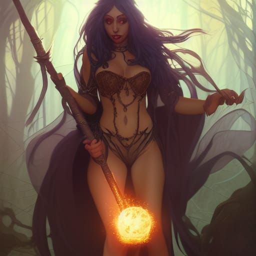 Sorceress Werewolf with Magic Staff in Hyperrealism