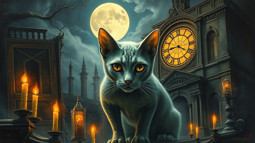Eerie Feline in Haunted House, Fluorescent Impasto Style
