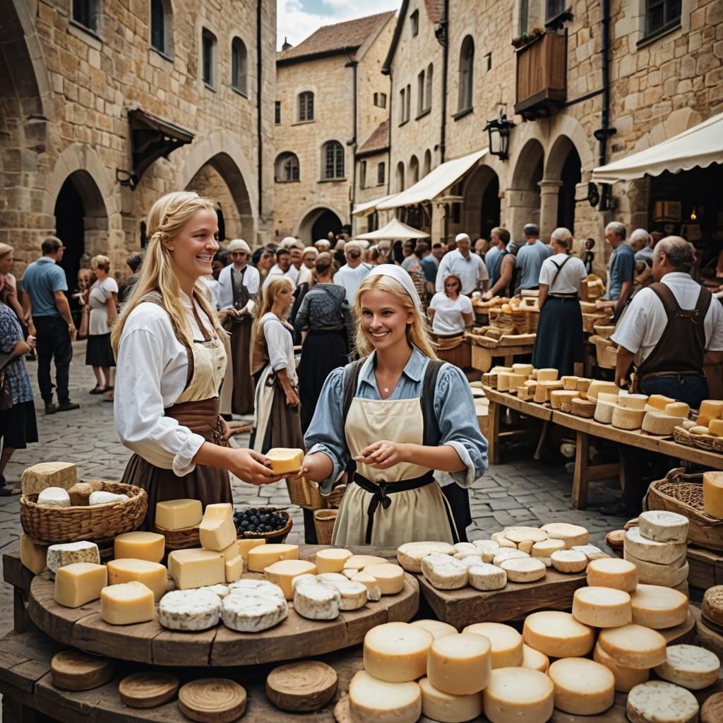 Blond Woman Selling Cheese at Medieval Market