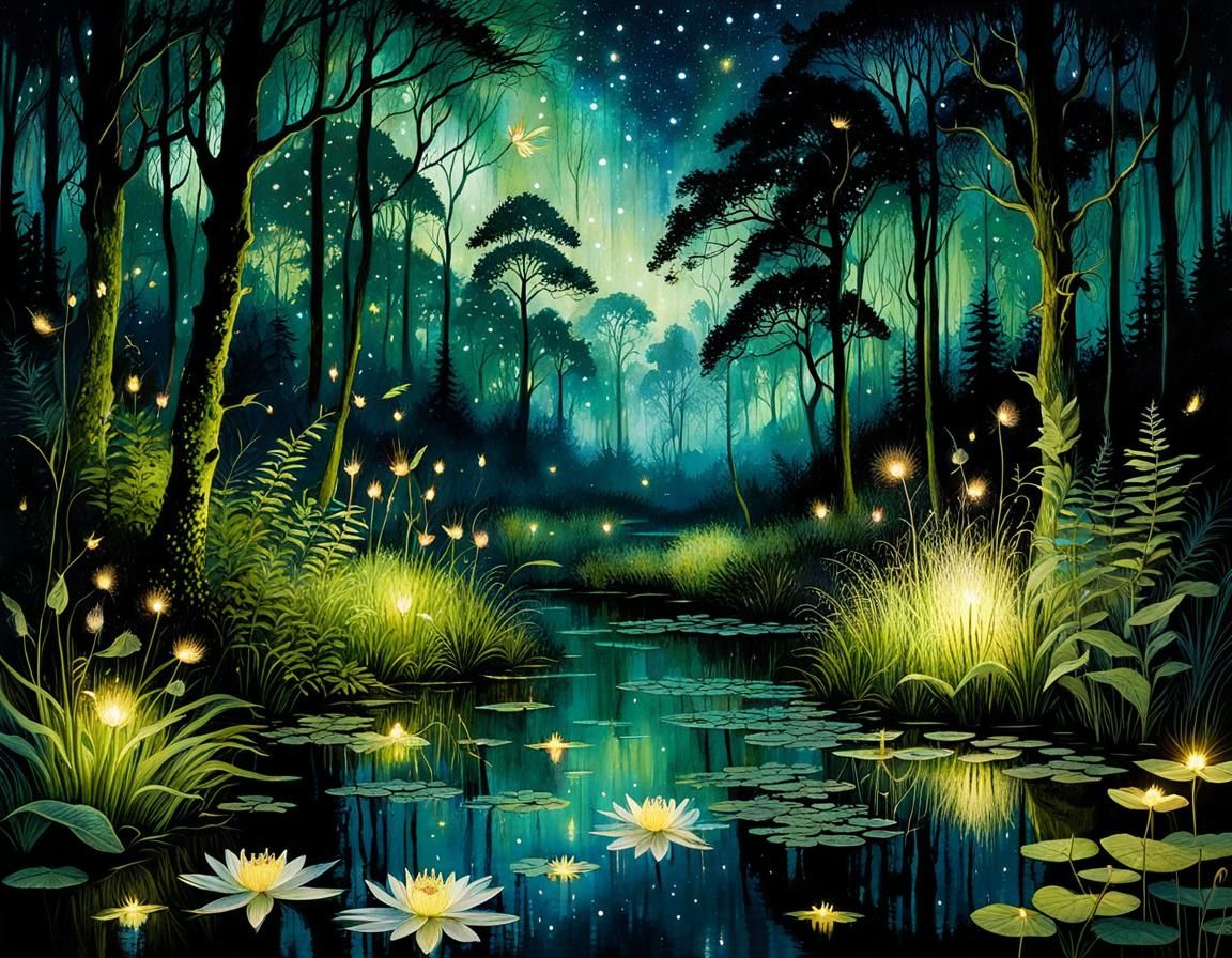 Enchanted Forest Nymph with Fireflies, Noctilucent Scene