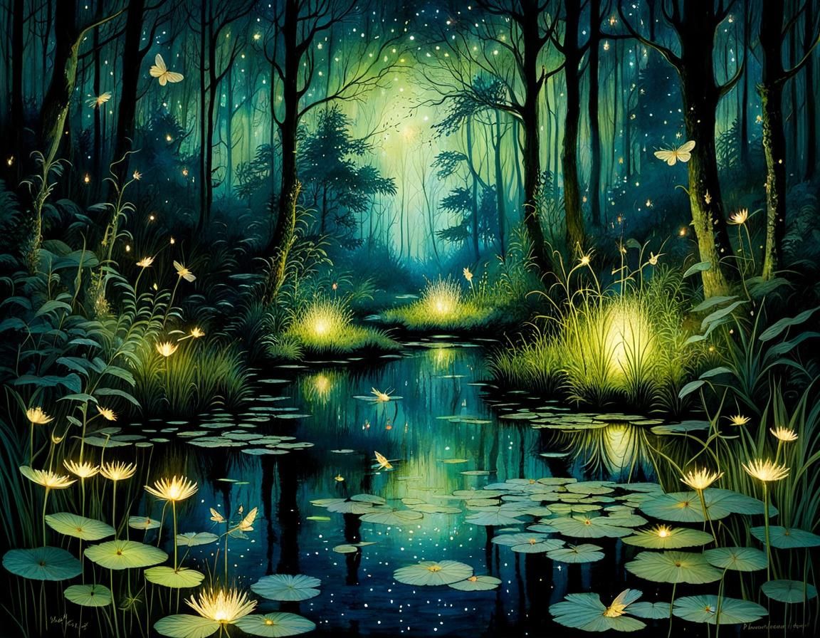 Mystical Forest Scene with Noctilucent Hues and Firefly Danc...