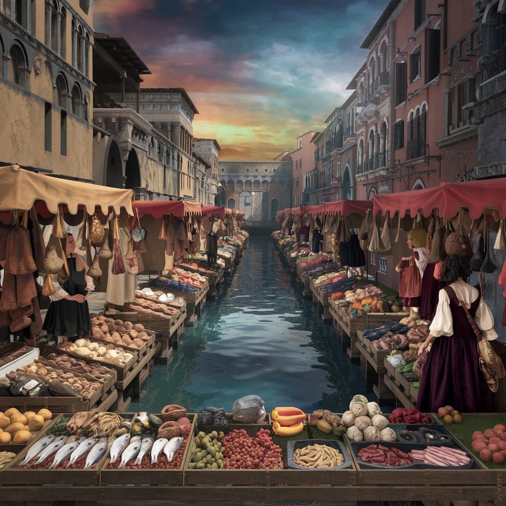 Renaissance City Market Scene with Canal and Merchants