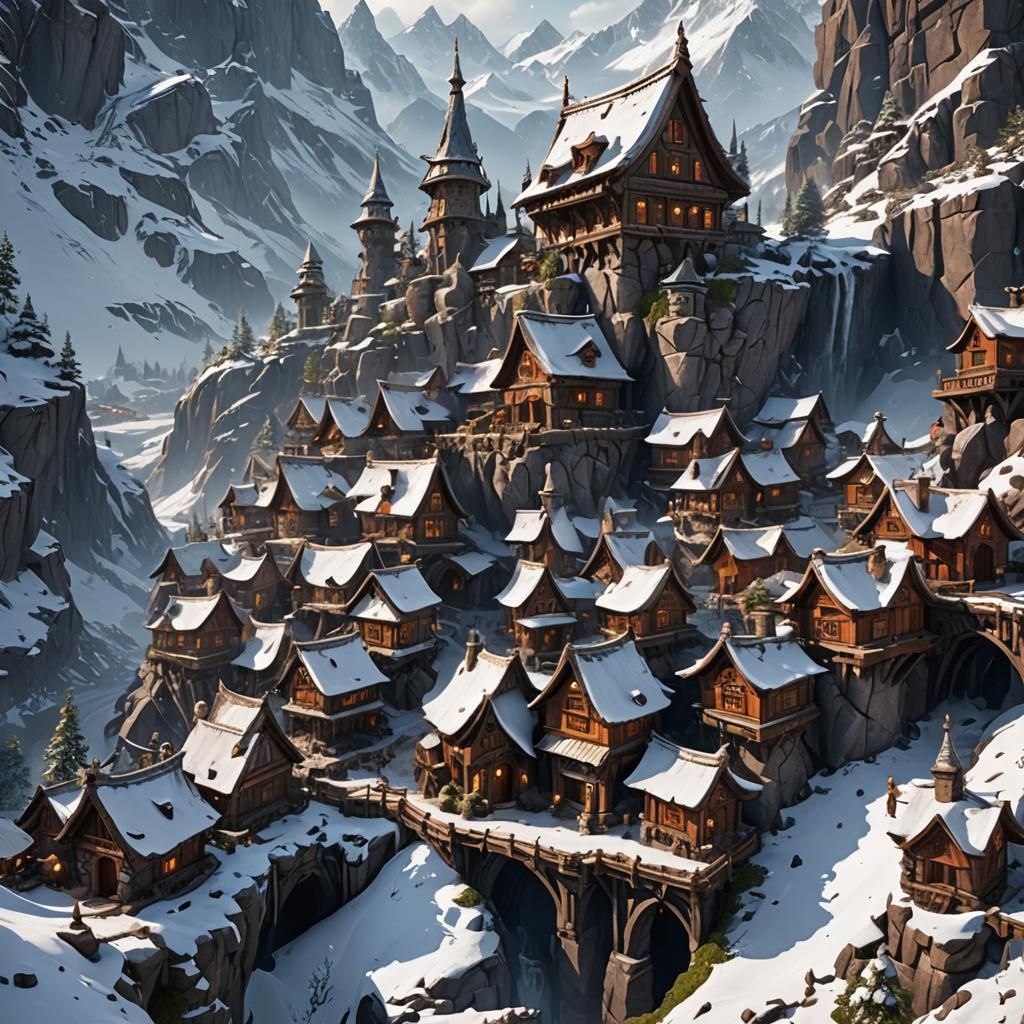Fantasy Dwarf Village on Snowy Mountain in 8K