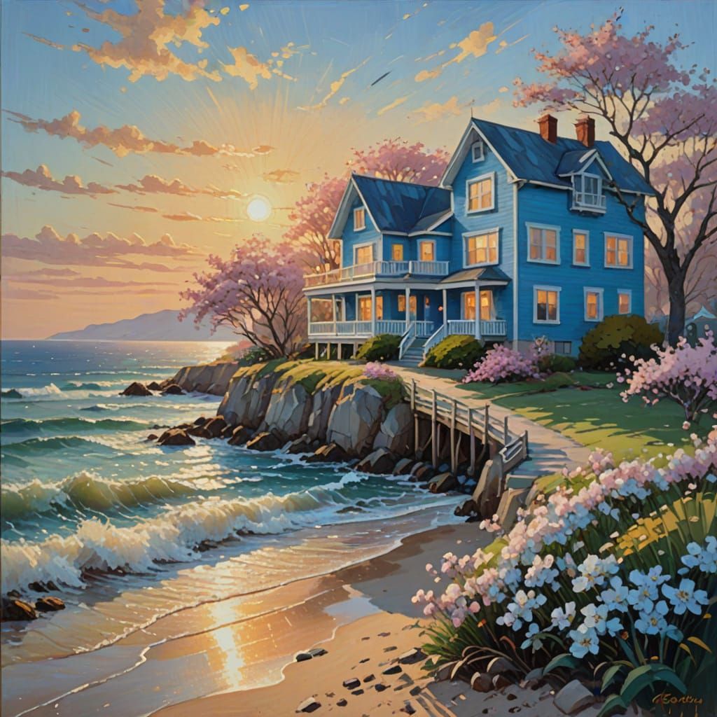 Blue Beach House Impressionist Oil Painting