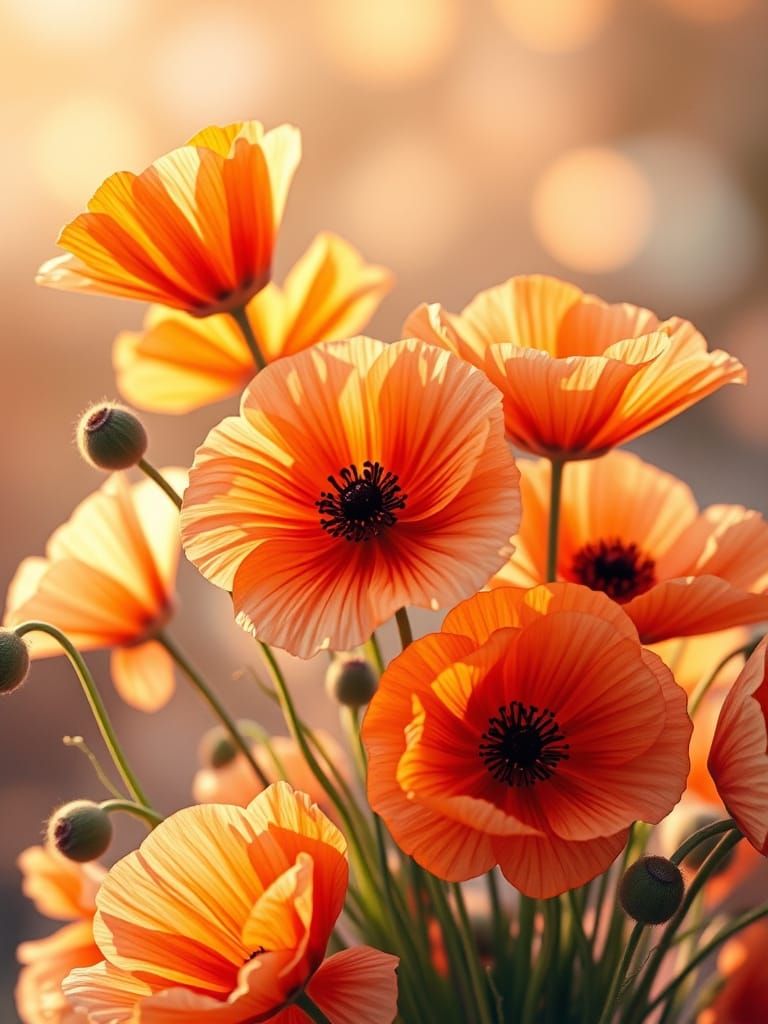 Vibrant Poppy Bouquet with Watercolor and Photorealistic Det...