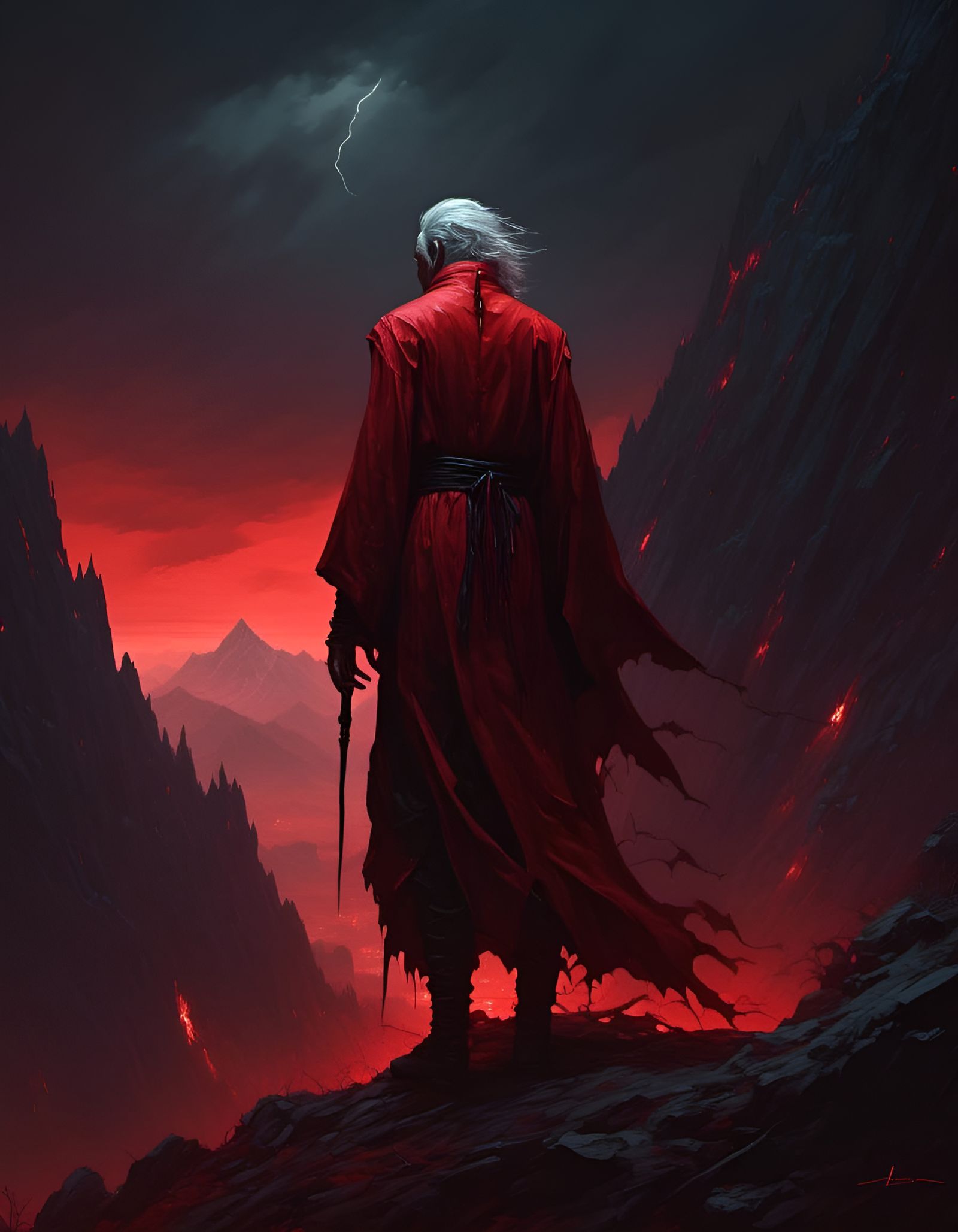 Vampire Stalks Mountain in Dark Fantasy Lighting