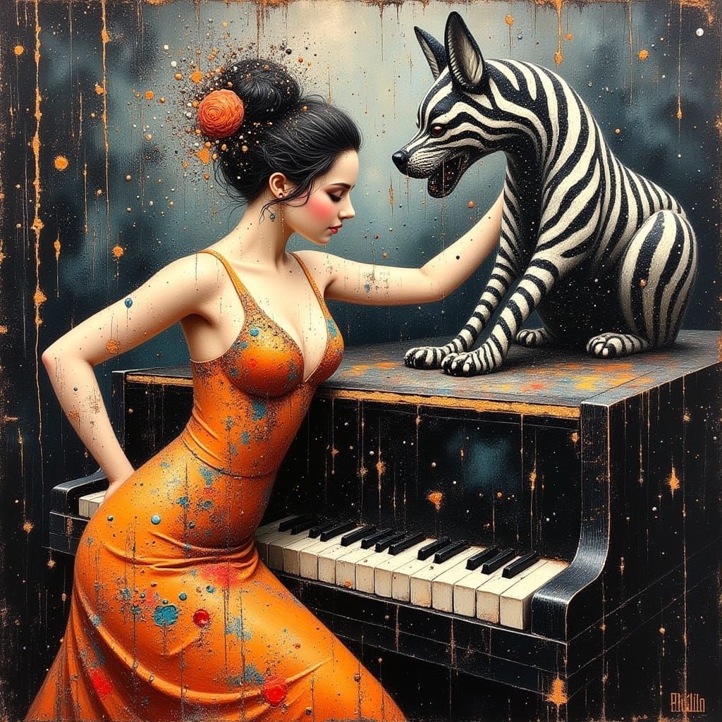 Impasto Oil Painting of Flamenco Dancer in Black and White S...