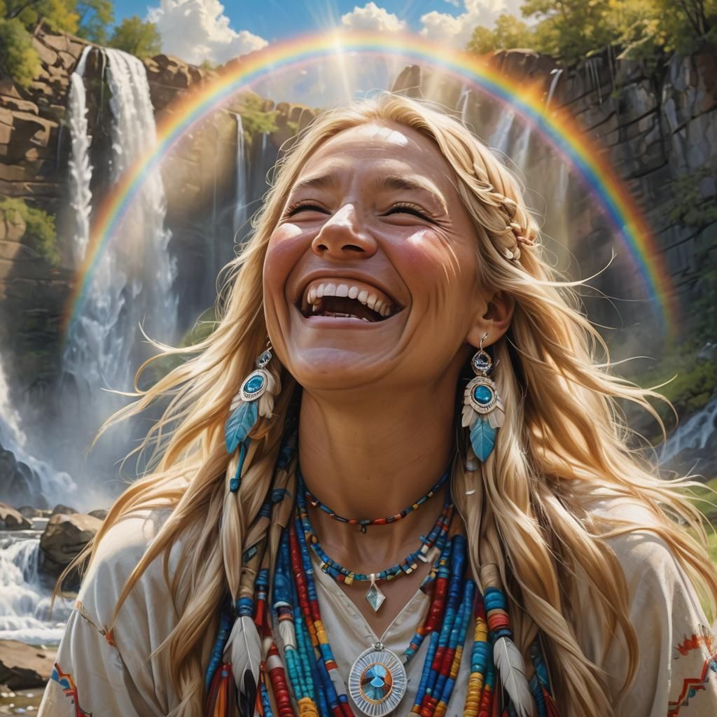 Native American Woman Laughing in a Rainbow Waterfall