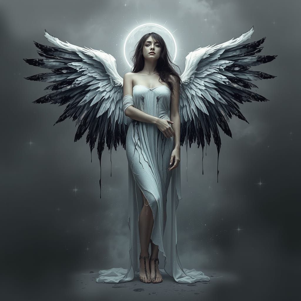 Ethereal Fallen Angel in Dripping Paint Effect