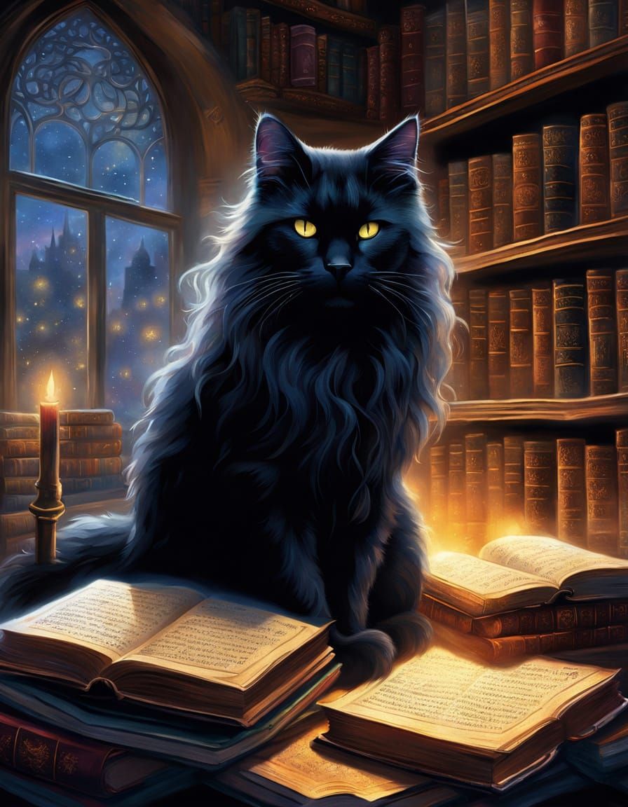 Black Cat Guards Books in Ethereal Indoor-Outdoor Library