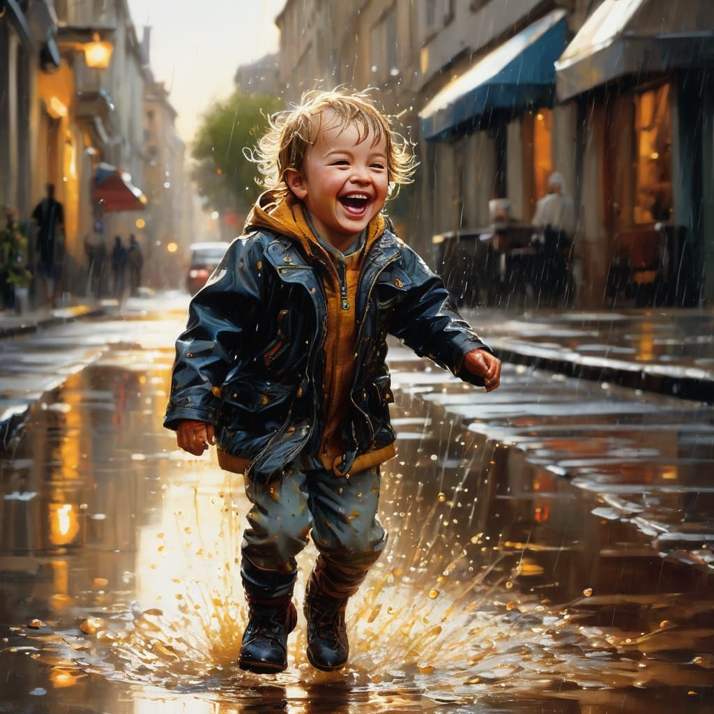 Child Splashing in Puddles: Vibrant Digital Art