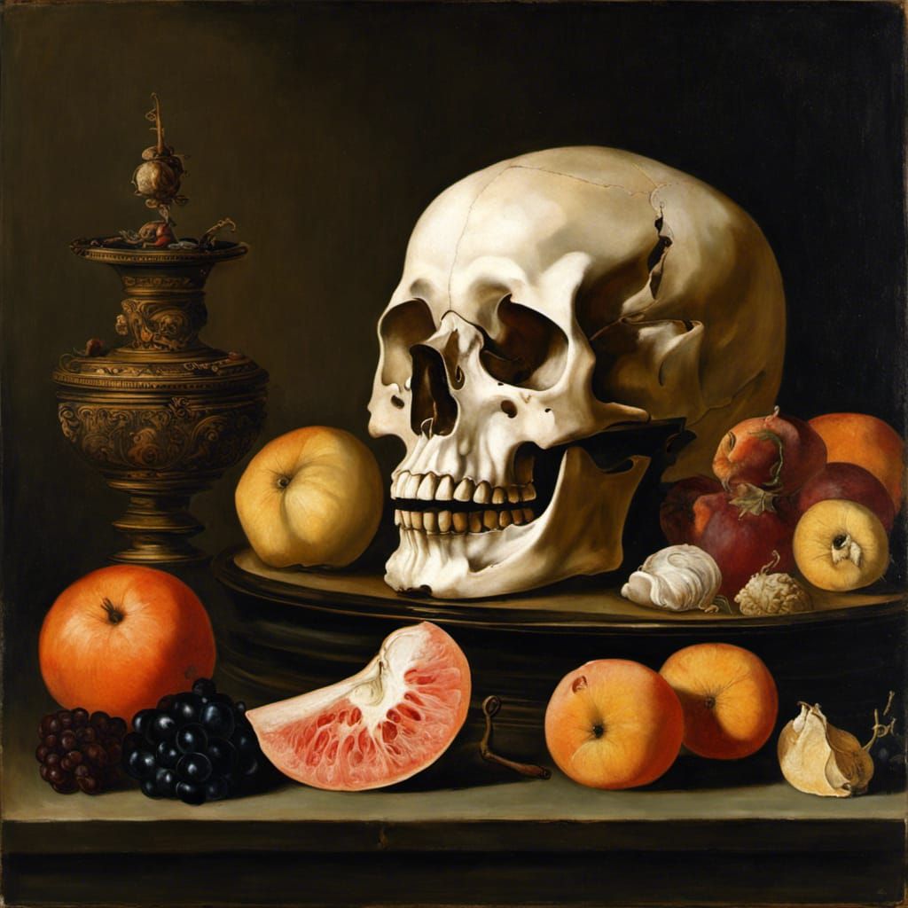 Vanitas-Inspired Still Life with Skull and Rotten Fruit