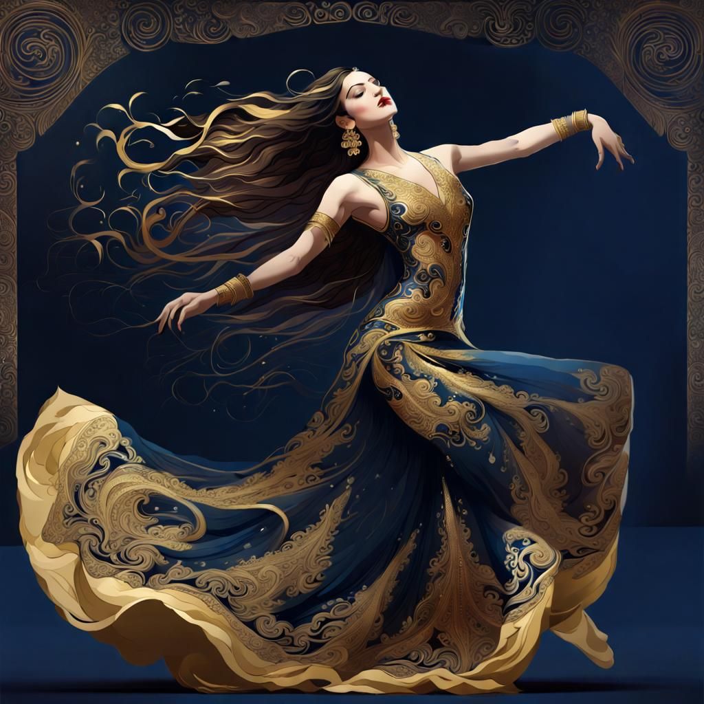 Elegant Dancer in Ornate Dress with Golden Filigree