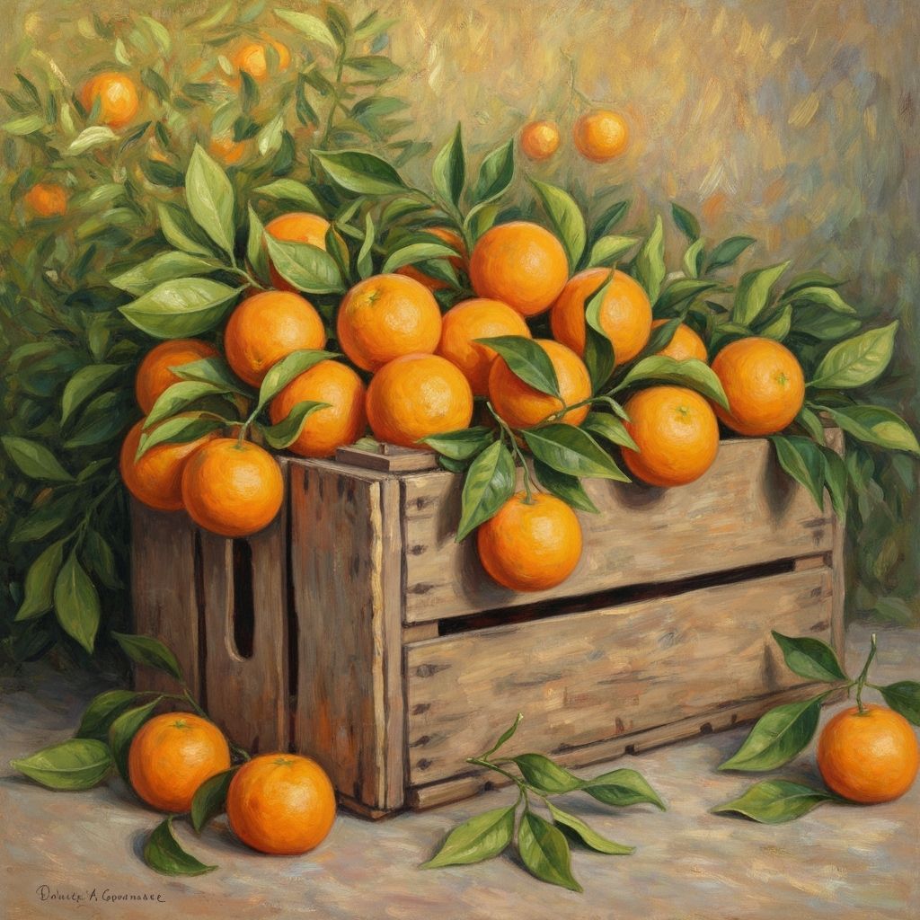 Oranges in Impressionist Style with Wooden Crate