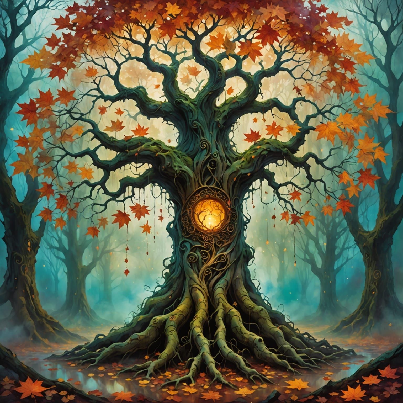 Ancient Tree with Glowing Lotuses and Autumn Leaves