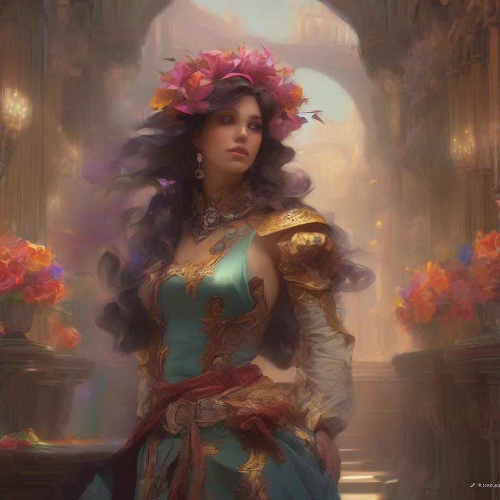 Surreal Art Nouveau Mama with Pistol, Triadic Colors, and Vo...