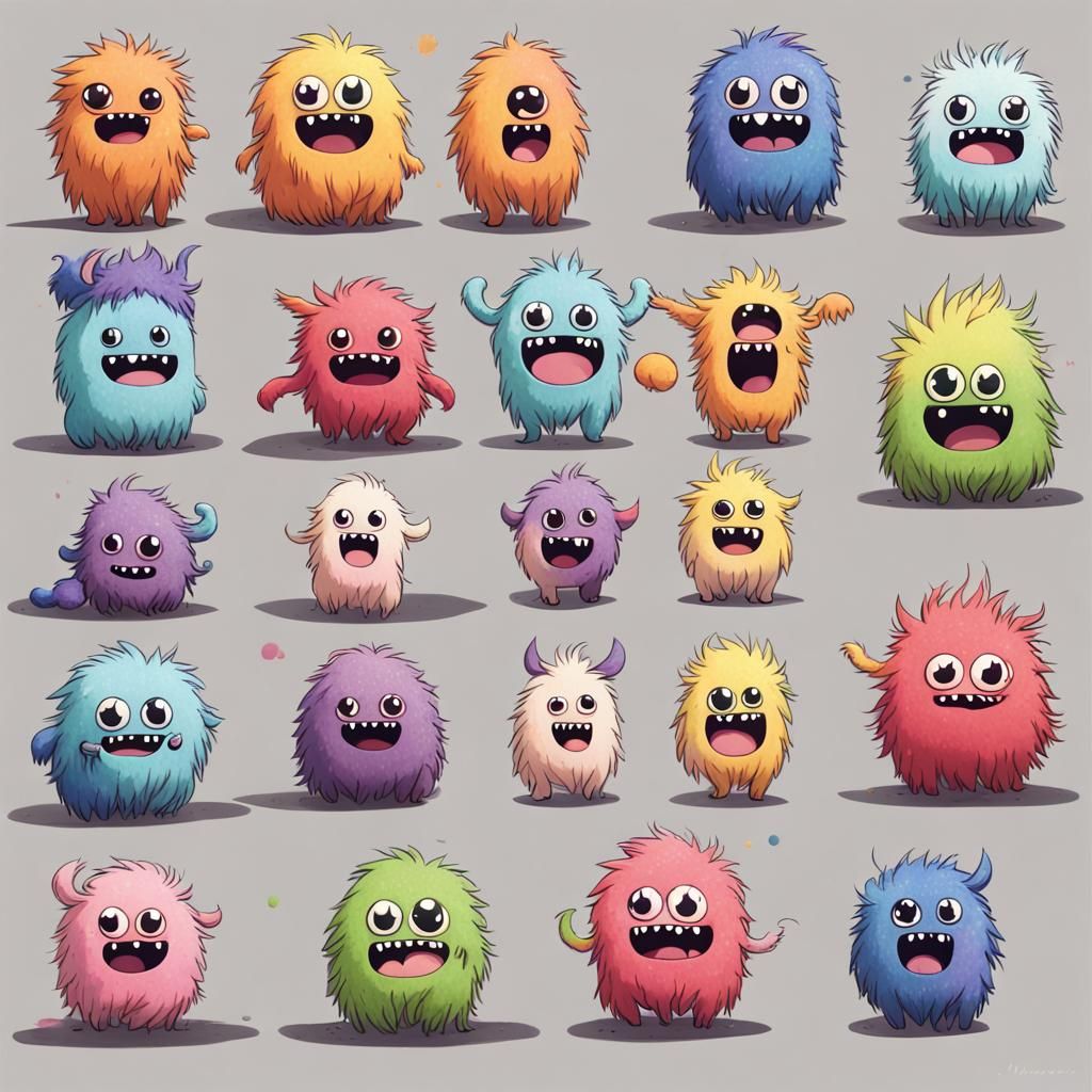 Cute Colorful Hairy Monsters in Anime Style