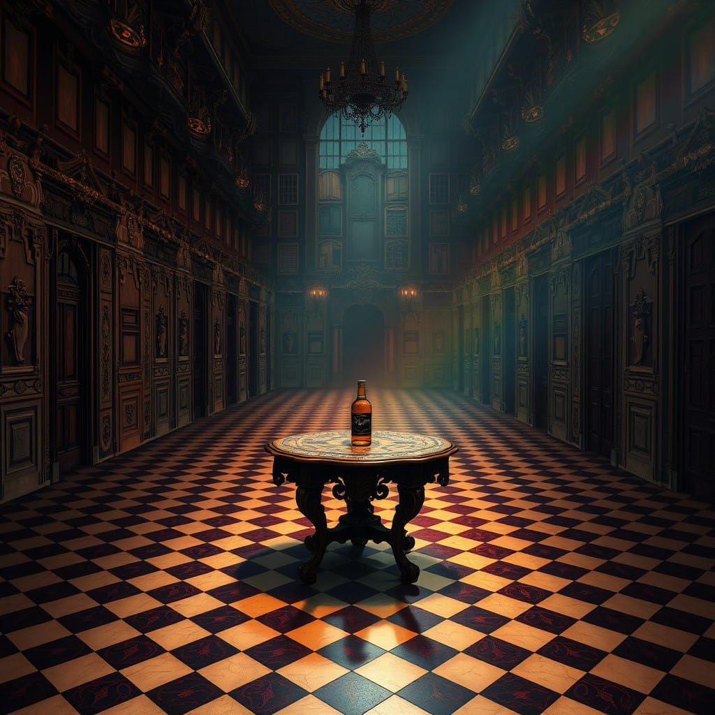 Surreal Chamber with 20 Unique Doors and Enigmatic Scene