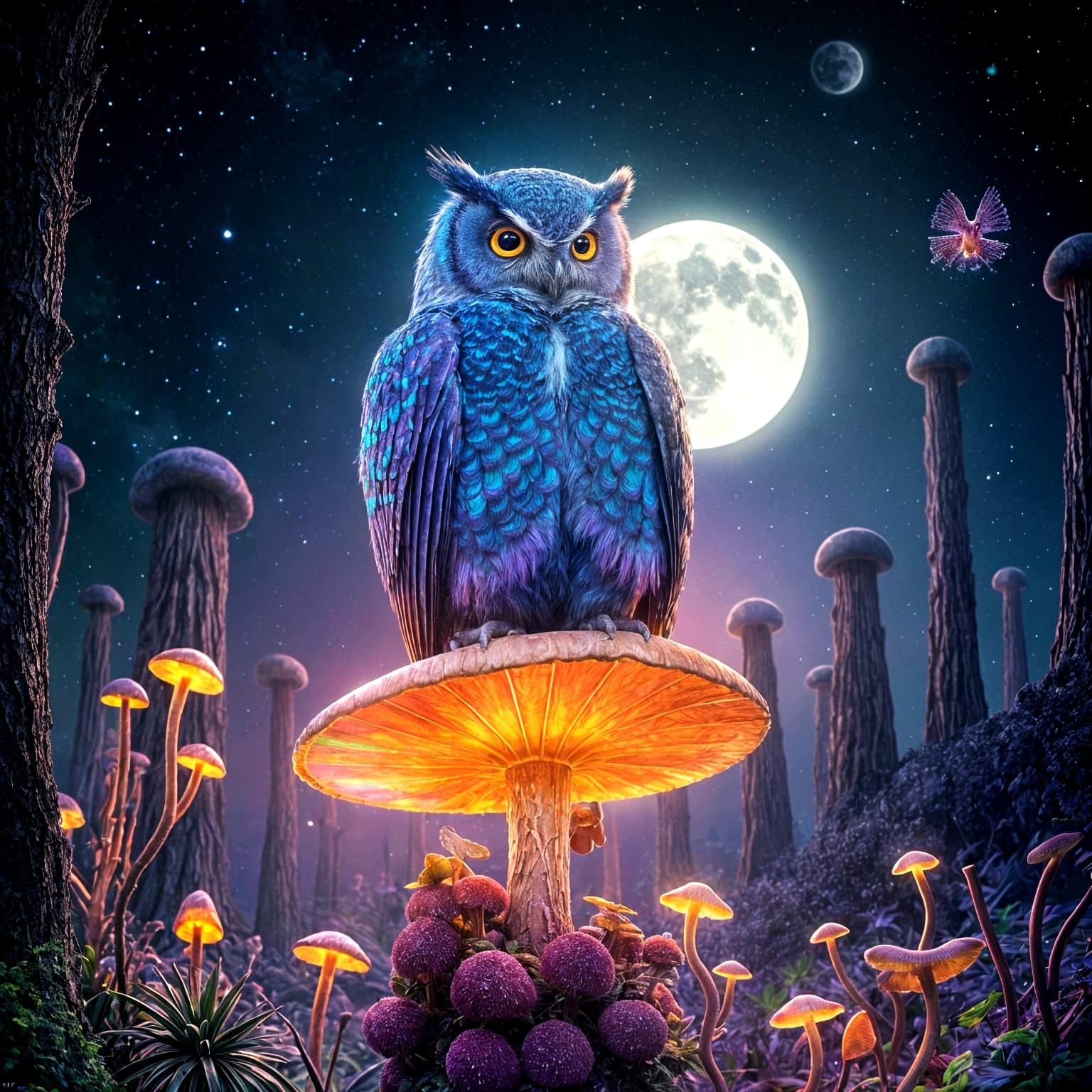 Ethereal Owl Amidst Glowing Mushrooms in a Cosmic Landscape