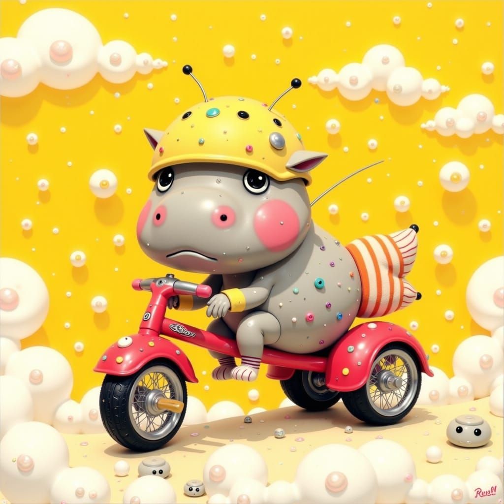 Whimsical Hippo Rides Tricycle in Sunshine Yellow Sky