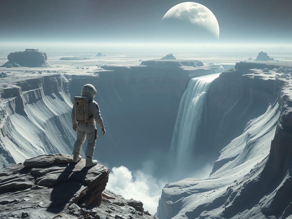 Astronaut at Lunar Waterfall in Retrofuturistic Style