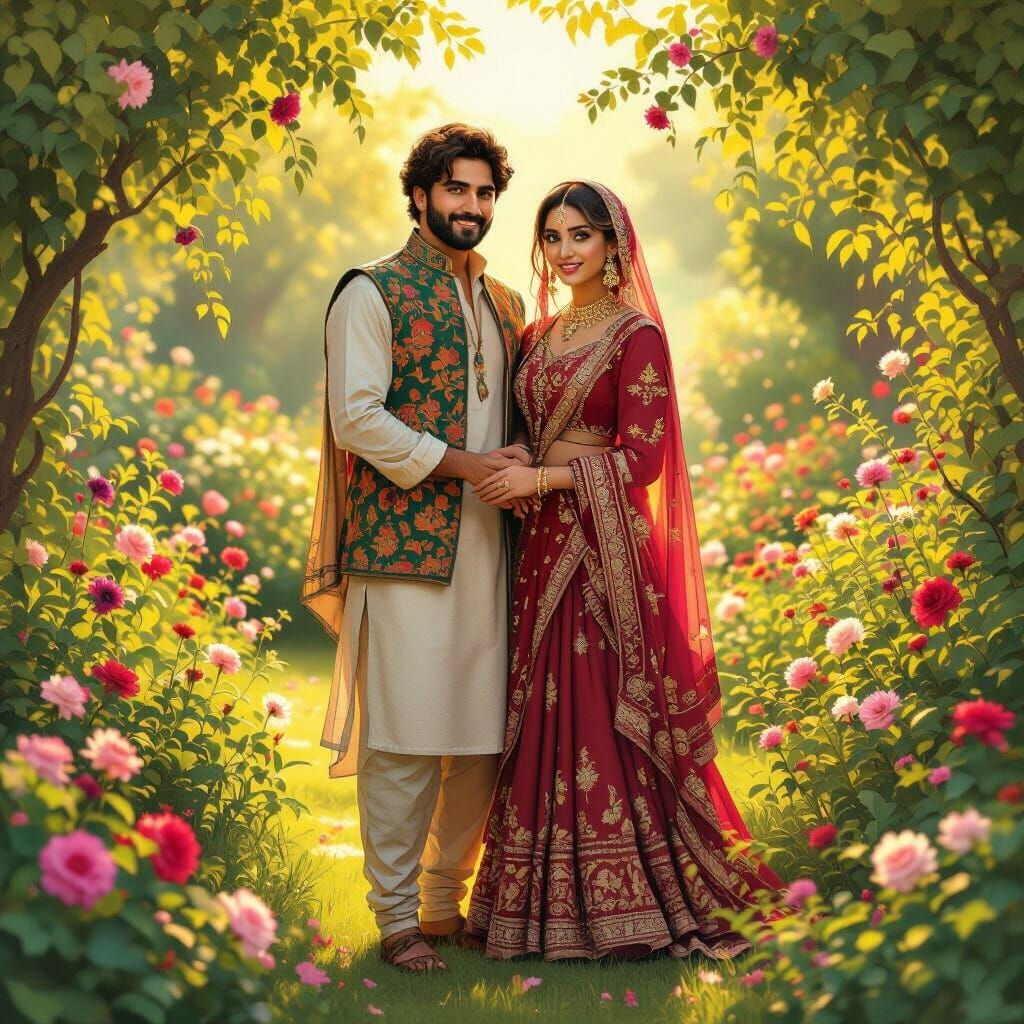 Figures in Garden with Flowers in Digital Painting Style