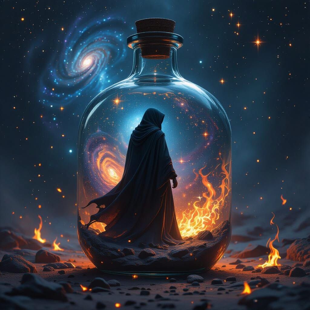 Figure in Glass Bottle with Galaxy, Digital Art
