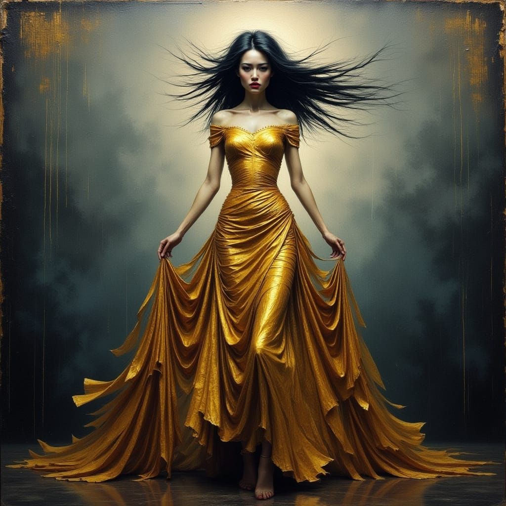 Regal Woman Stands Against Gilded Stormy Sky