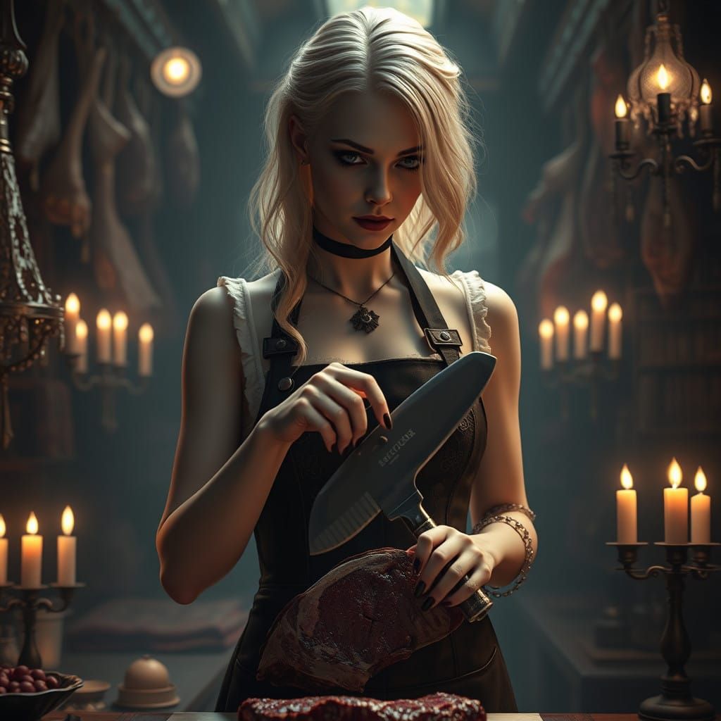 Gothic Woman as Butcher in Dark, Mystical Abattoir