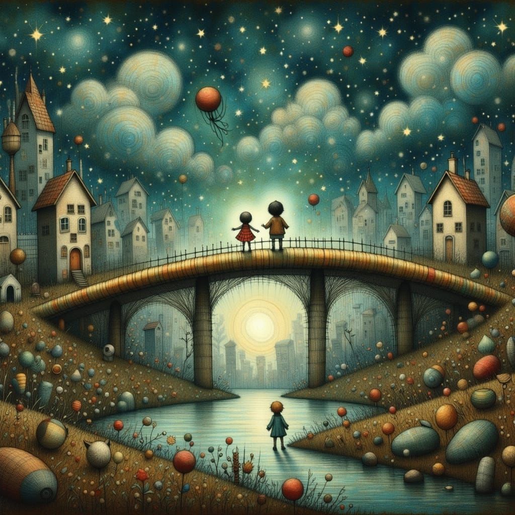 Skybridge Crumbles in Midnight Thunderstorm: Whimsical Art