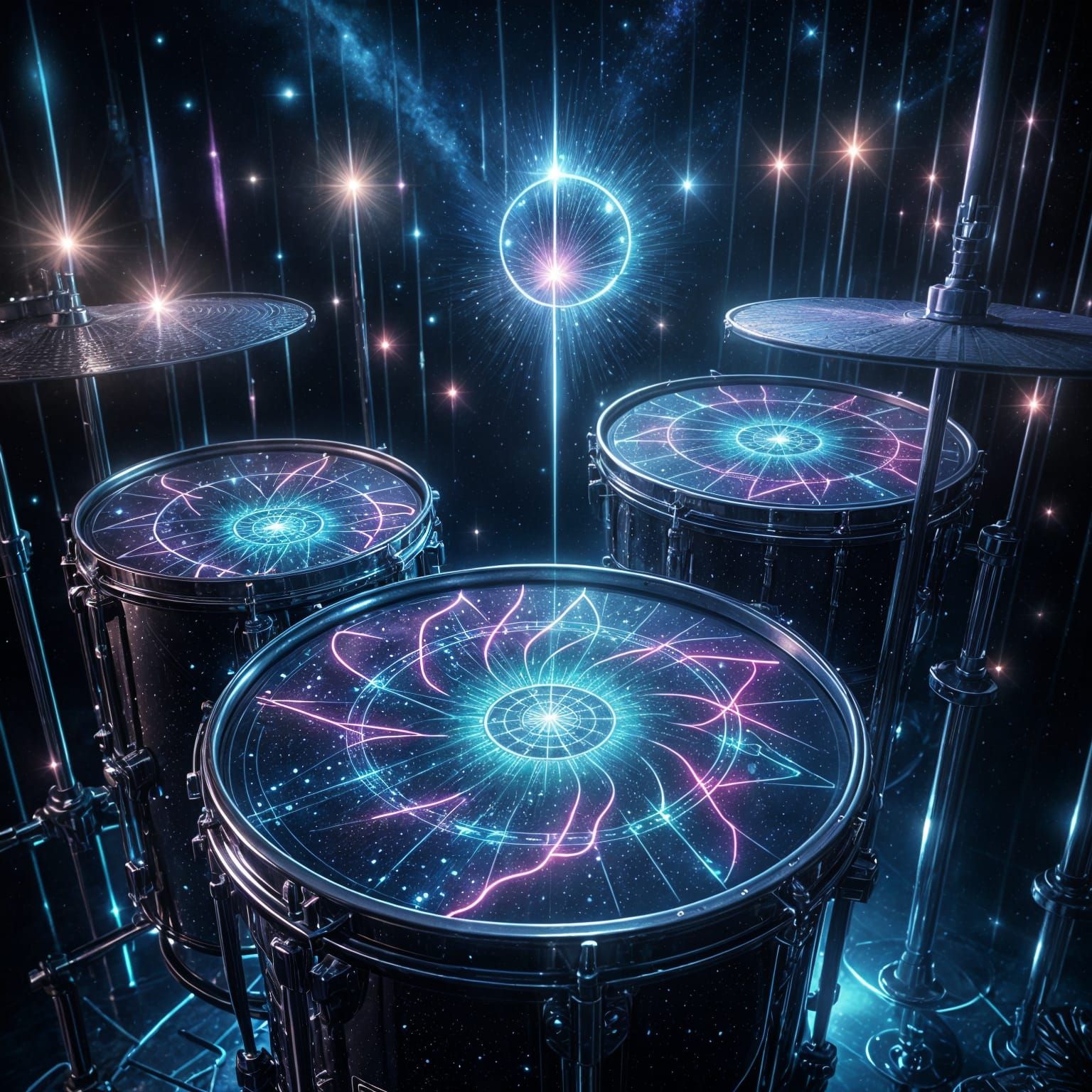 Cosmic Drumkit with Sacred Geometry in Neon Light