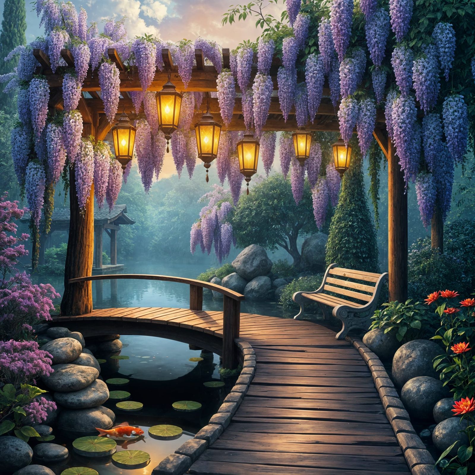 Elegant Garden Scene with Wisteria and Lanterns