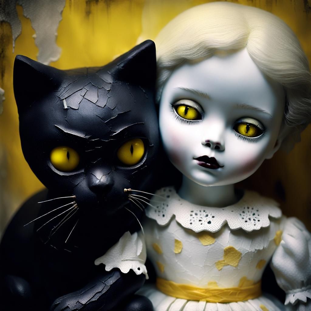 Creepy Doll Hugging Cat in Detailed 3D